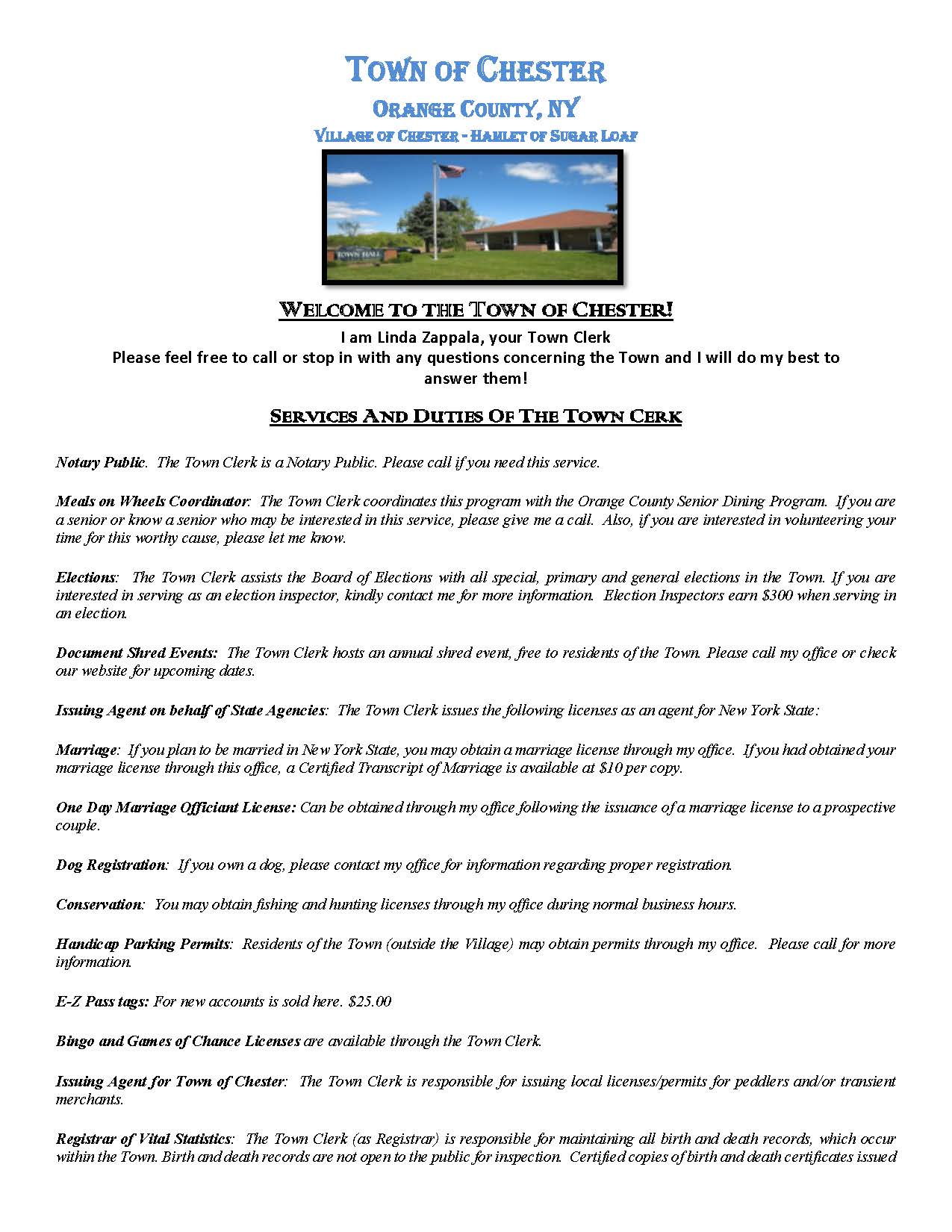 to the Town of Chester Town of Chester, Orange County New York!