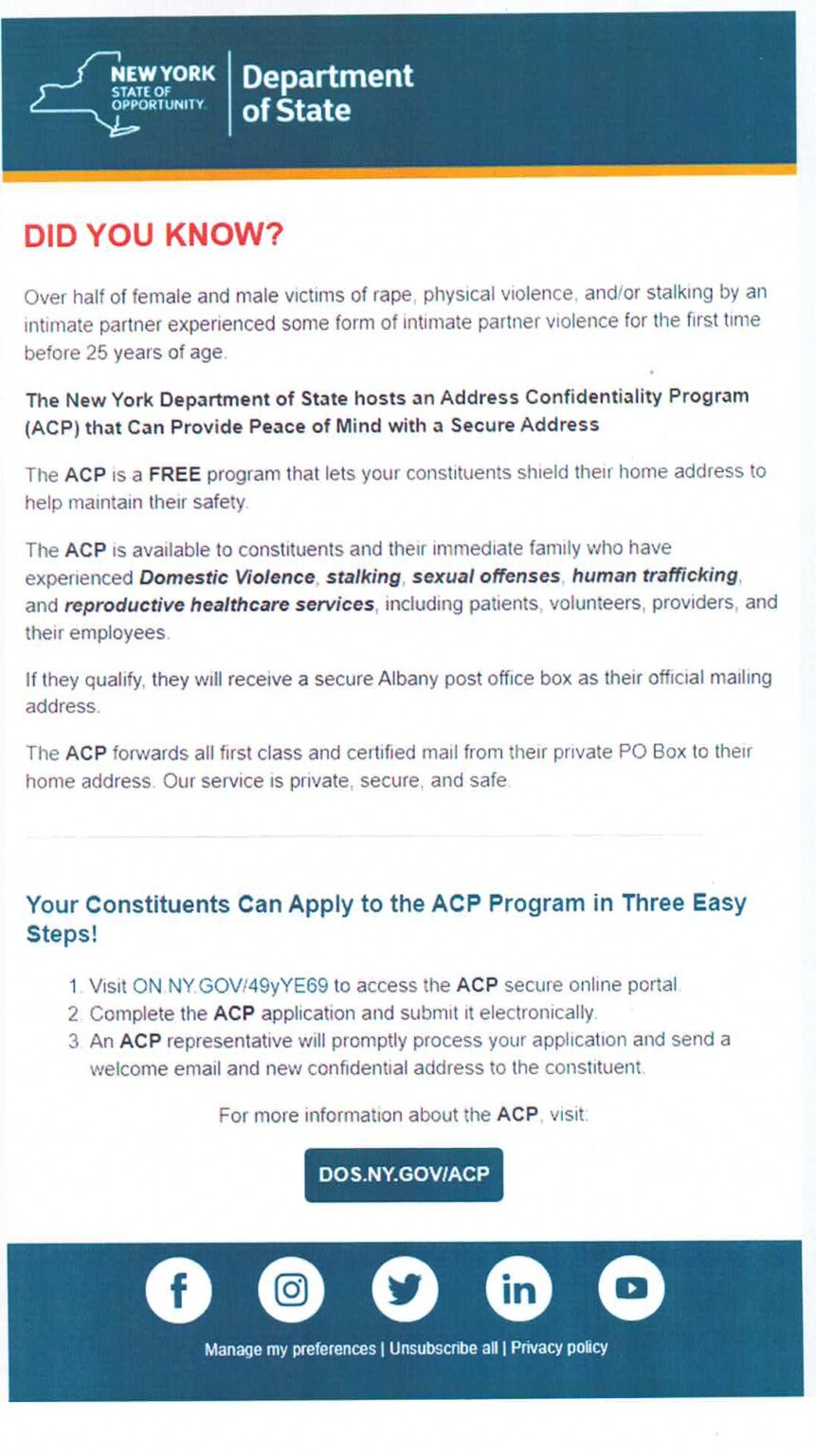 NY Department of State Hosts an Address Confidentiality Program (ACP