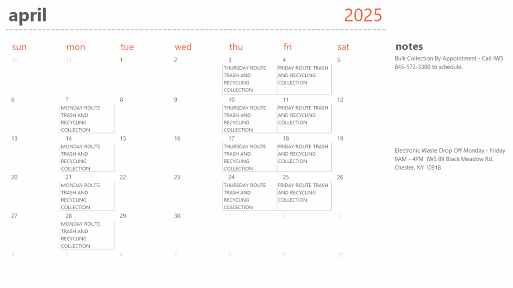 April 2025 Town of Chester Garbage Recycling Calendar - revised 8-4-25