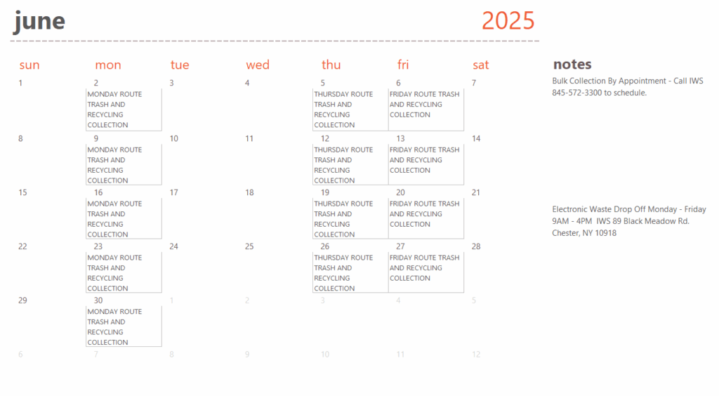June 2025 Town of Chester Garbage Recycling Calendar - revised 8-4-25