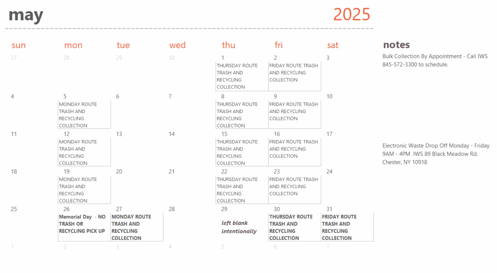 May 2025 Town of Chester Garbage Recycling Calendar - revised 8-4-25